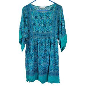 R. Vivimos Blue Boho Geometric Jewel Tunic Mini Dress Size Small